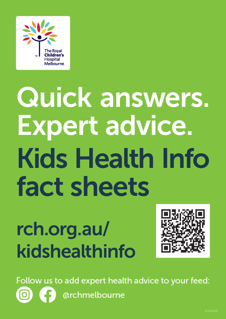 Green poster promoting The Royal Children's Hospital's Kids Health Info fact sheets.